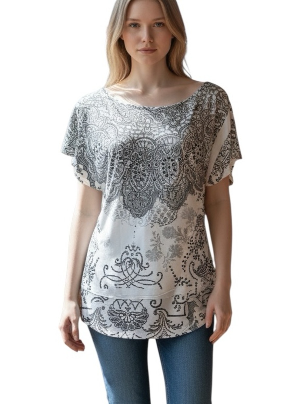 STUDIO Y: White & Gray Rhinestone Embellished Shirt - Size Medium